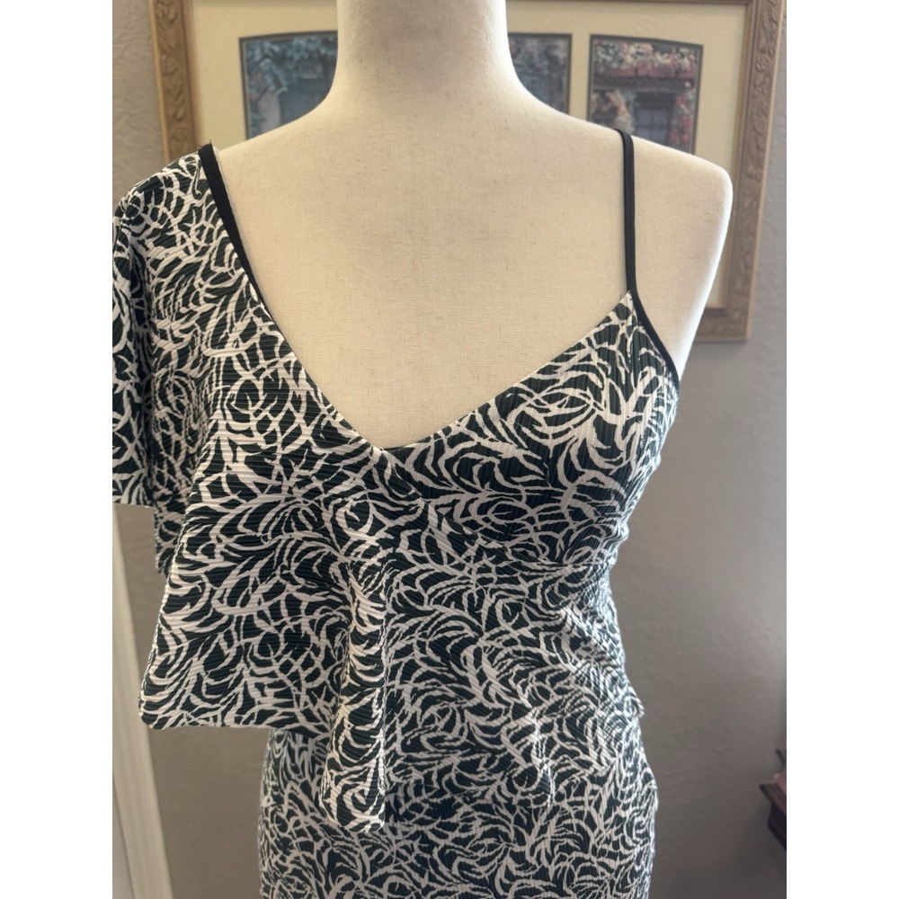 Club Monaco One Shoulder Ruffle Cocktail Party Dress Black White Swirl Stretch 0 - Picture 3 of 6